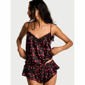 Victoria's Secret Satin Rose Lace-Trim Cami & Flutter Short Set Black Cherries
